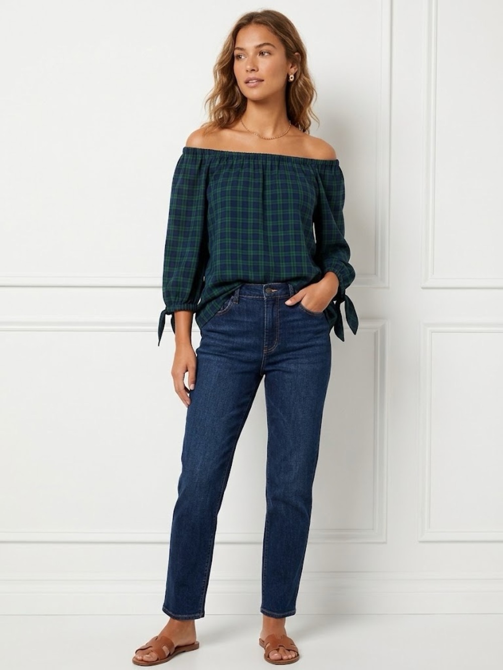 Talbots Green & Navy Plaid Off-Shoulder Blouse Large Petite